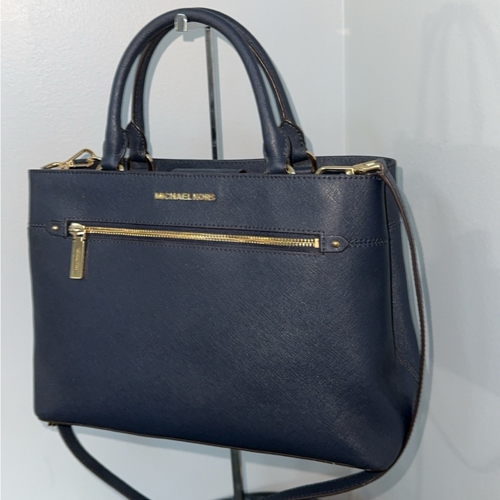 MICHAEL KORS Handbag Crossgrain Leather Navy Large Crossbody Satchel AUTHENTIC - Picture 5 of 12